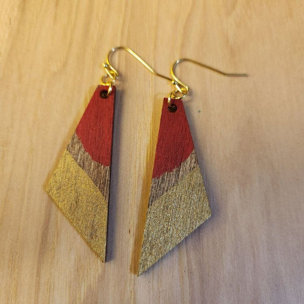 Red Gold Bohemian Tribal Dangle Wood Earrings - Picture 5 of 6